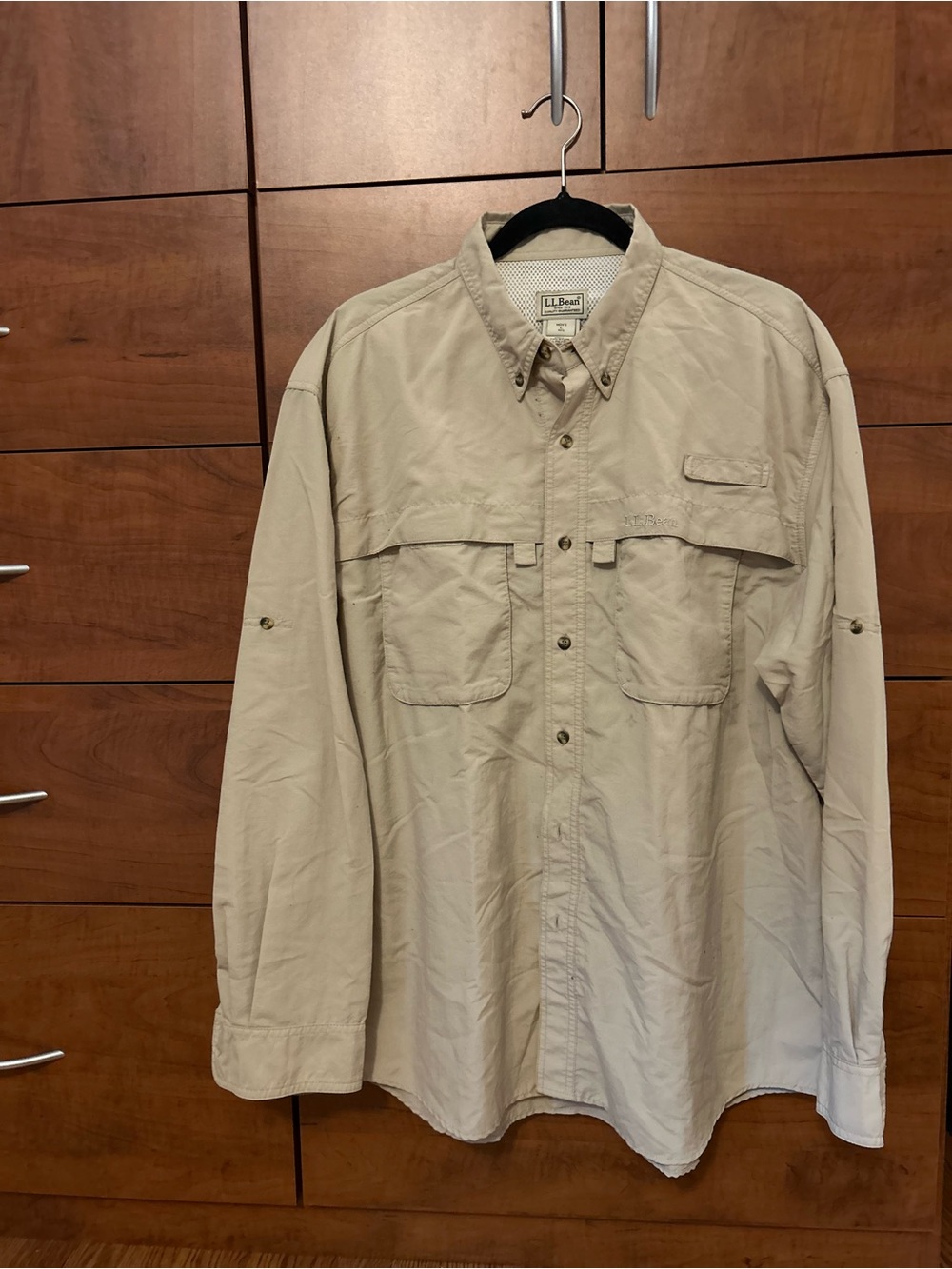 L.L.Bean Vented Fishing Shirt Khaki Long Sleeve Outdoor Hiking Travel Size L